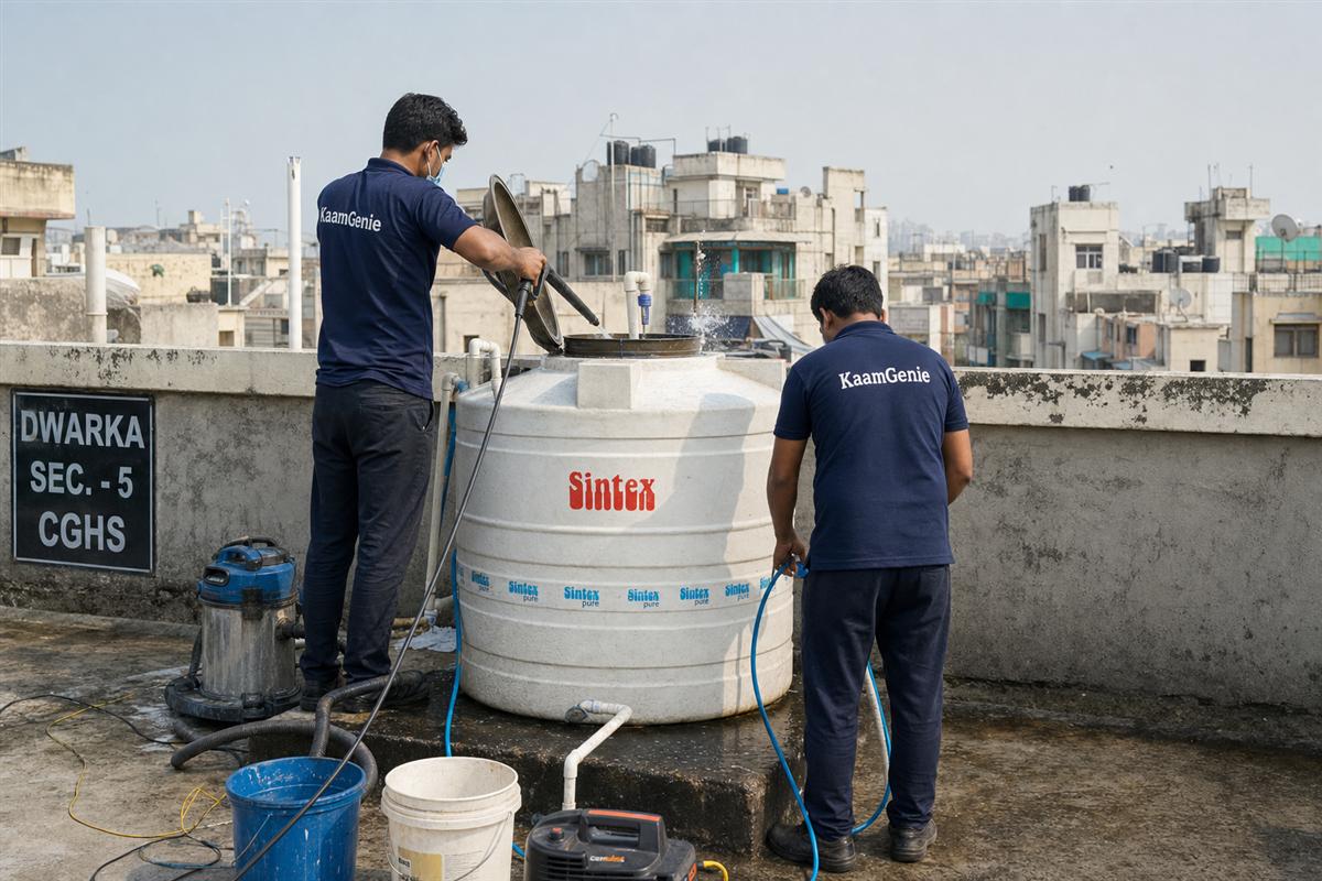 KaamGenie crew cleaning a water tank in Dwarka Sector 5, Delhi