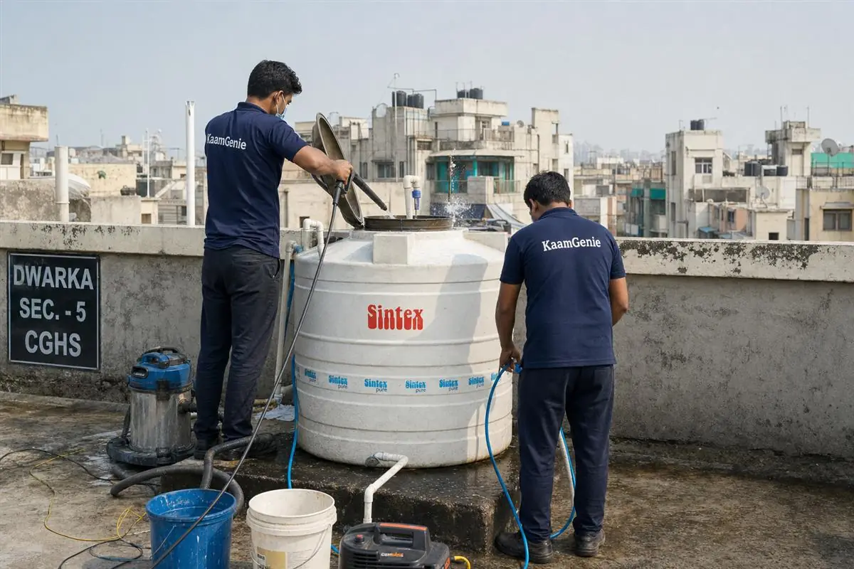 KaamGenie crew cleaning a water tank in Dwarka Sector 5, Delhi