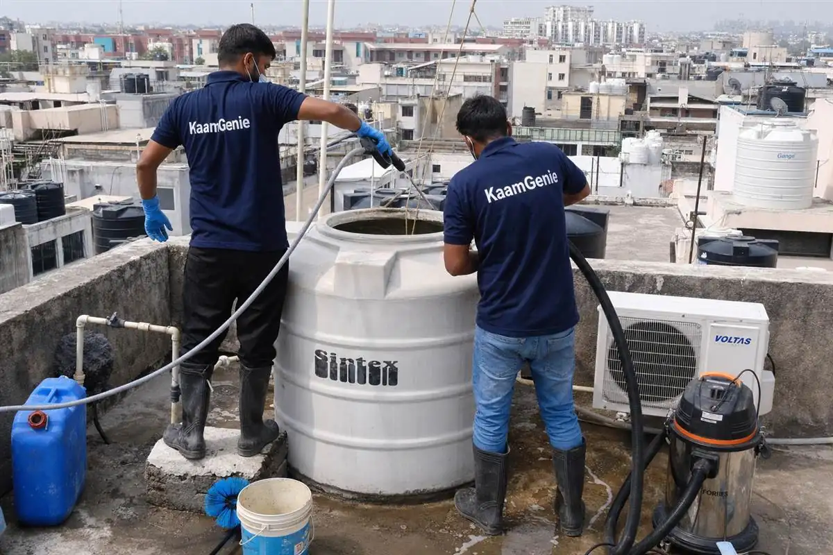 KaamGenie crew cleaning a water tank in Dwarka Sector 6, Delhi