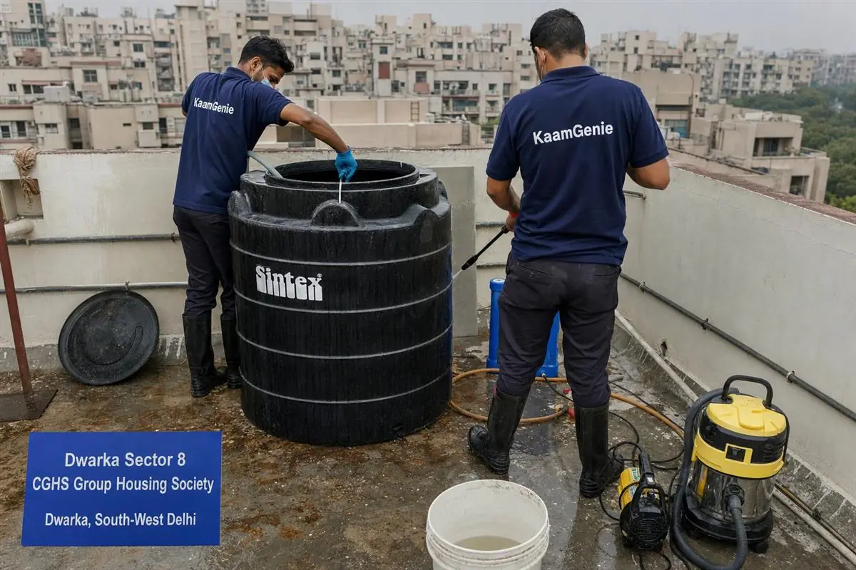 KaamGenie crew cleaning a water tank in Dwarka Sector 8, Delhi