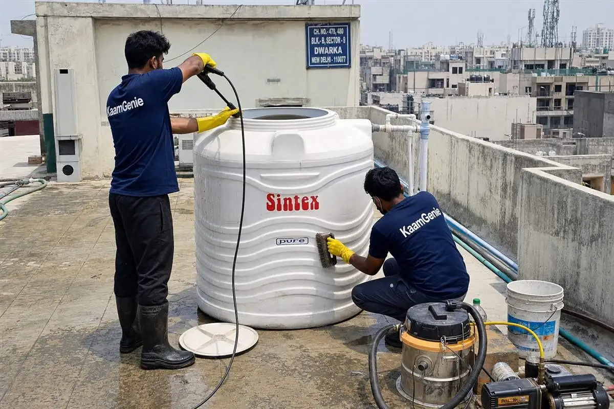 KaamGenie crew cleaning a water tank in Dwarka Sector 9, Delhi