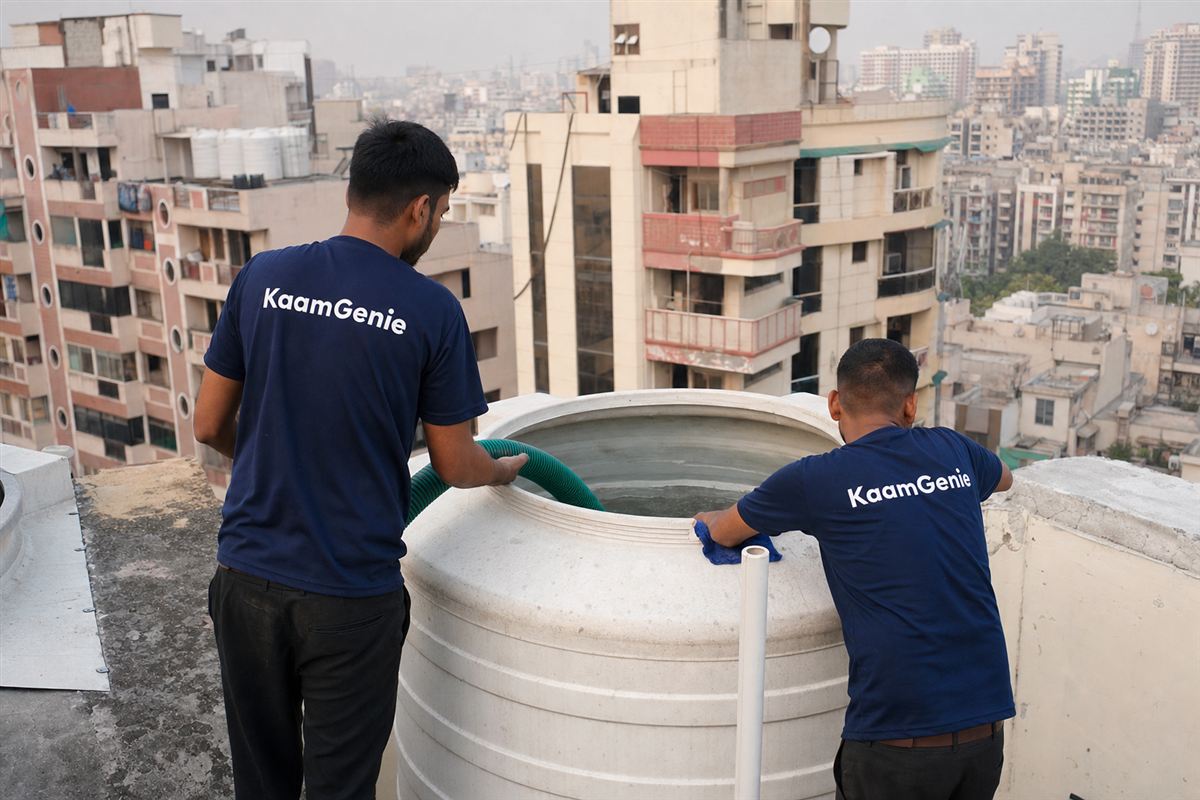 Two KaamGenie crew members in navy shirts cleaning a rooftop water tank on a Dwarka cooperative group-housing society tower with more towers behind