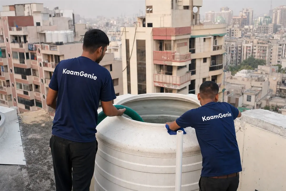 Two KaamGenie crew members in navy shirts cleaning a rooftop water tank on a Dwarka cooperative group-housing society tower with more towers behind