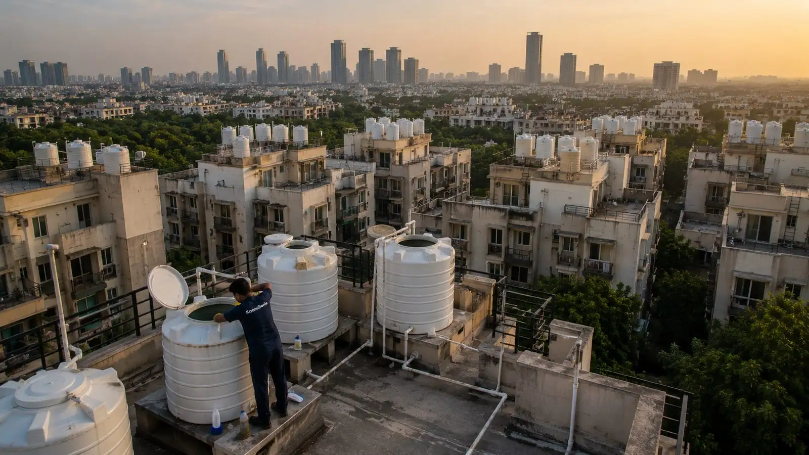KaamGenie crew cleaning a water tank on an East Delhi rooftop