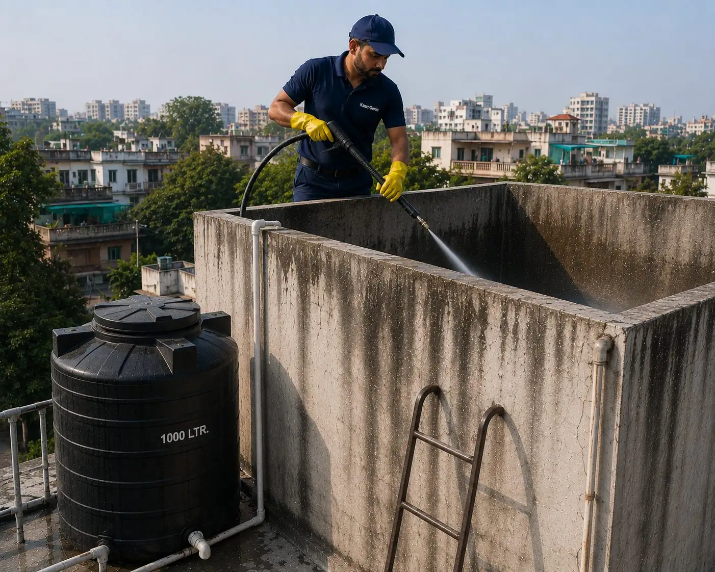 KaamGenie crew cleaning a water tank in East of Kailash, South Delhi