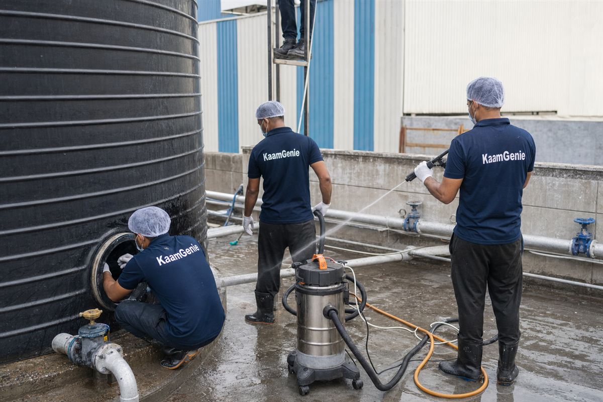 KaamGenie crew in navy uniforms cleaning a large industrial water storage tank at a Delhi factory unit