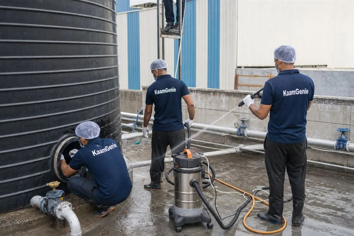 KaamGenie crew in navy uniforms cleaning a large industrial water storage tank at a Delhi factory unit