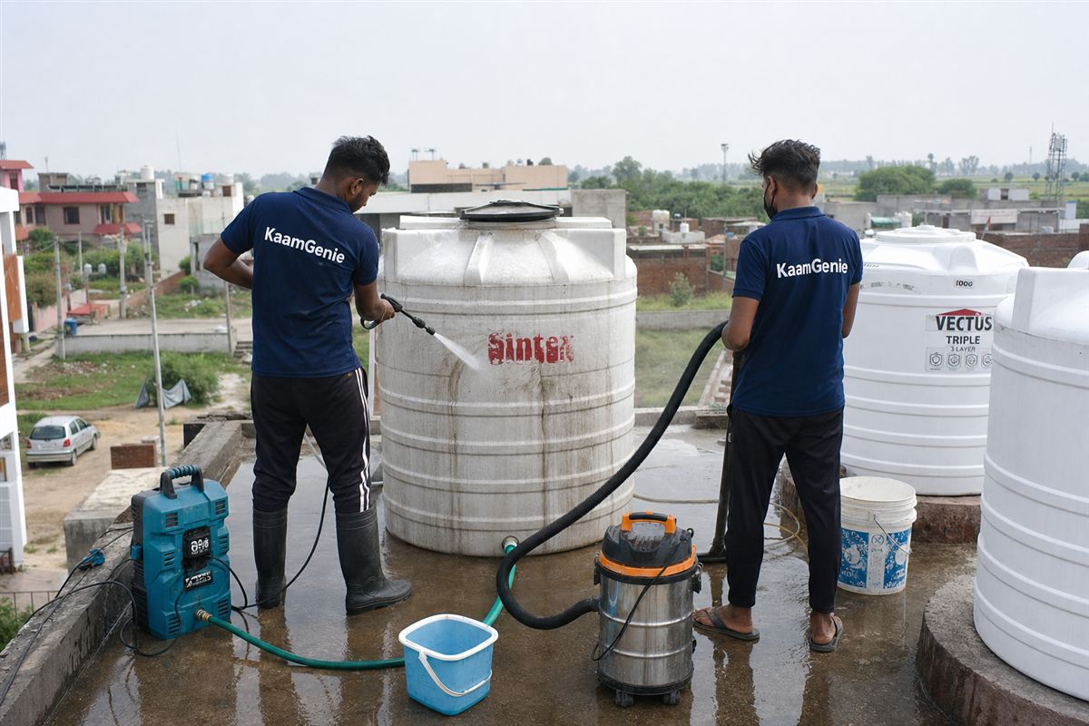 KaamGenie crew cleaning a water tank in Amar Nagar, Faridabad