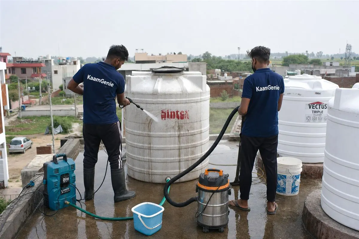 KaamGenie crew cleaning a water tank in Amar Nagar, Faridabad