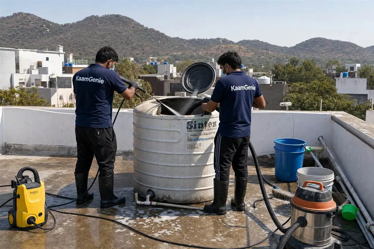 KaamGenie crew cleaning a water tank in Anangpur, Faridabad