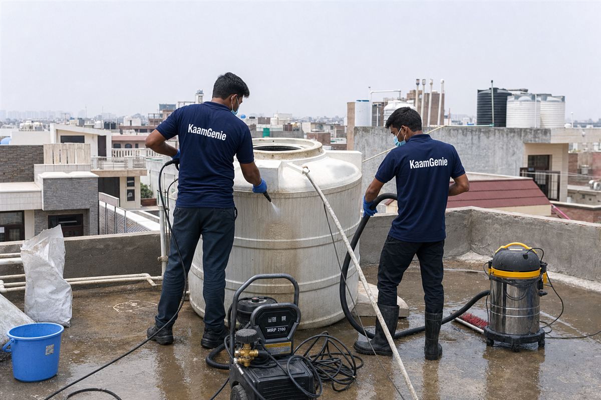KaamGenie crew cleaning a water tank in Ashoka Enclave, Faridabad