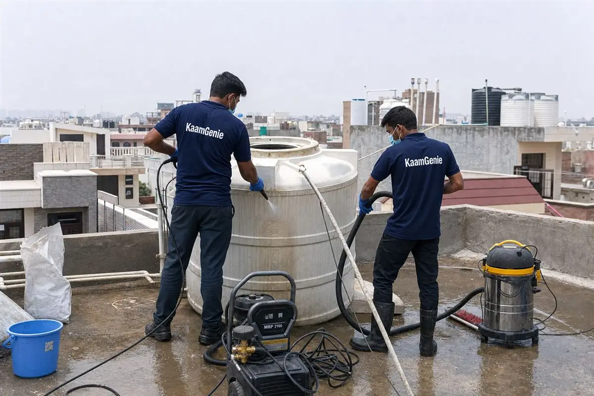 KaamGenie crew cleaning a water tank in Ashoka Enclave, Faridabad