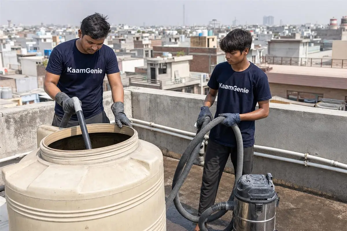 KaamGenie crew cleaning a water tank in Ballabgarh, Faridabad