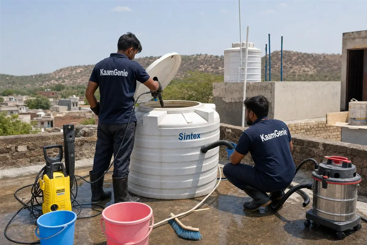 KaamGenie crew cleaning a water tank in Gothda, Faridabad