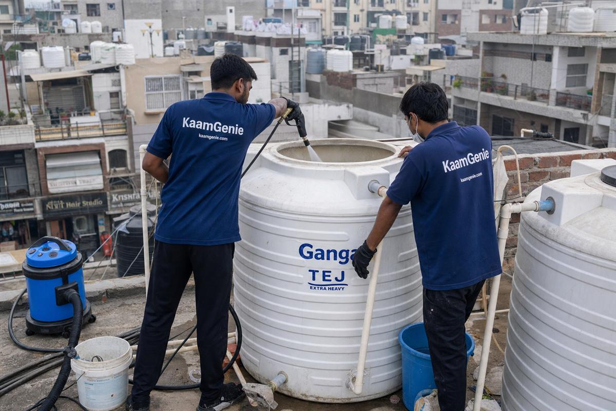 KaamGenie crew cleaning a water tank in Jawahar Colony, Faridabad