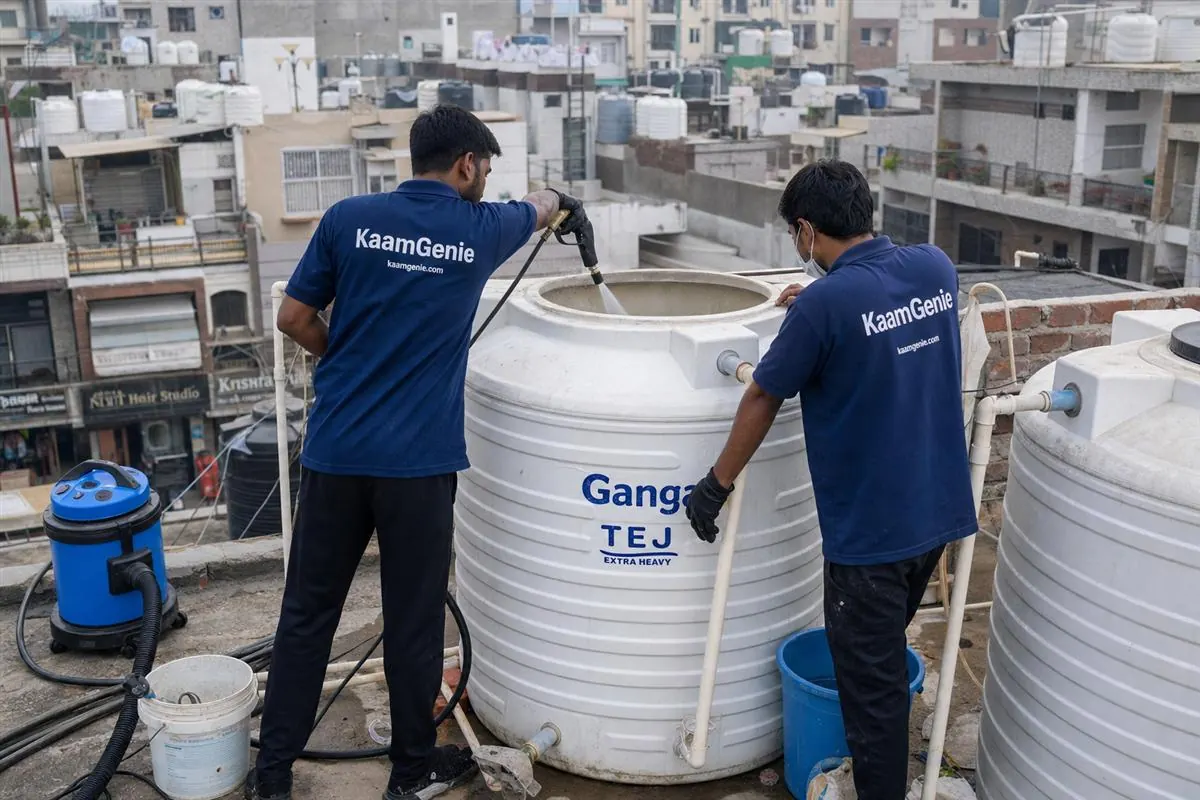 KaamGenie crew cleaning a water tank in Jawahar Colony, Faridabad