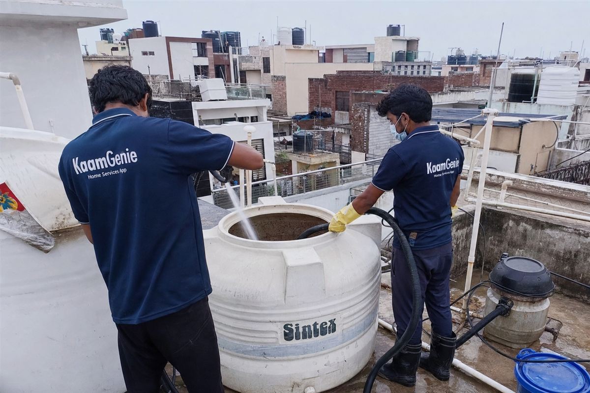 KaamGenie crew cleaning a water tank in Jeevan Nagar, Faridabad