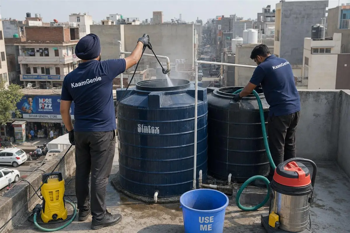 KaamGenie crew cleaning a water tank in Mewla Maharajpur, Faridabad