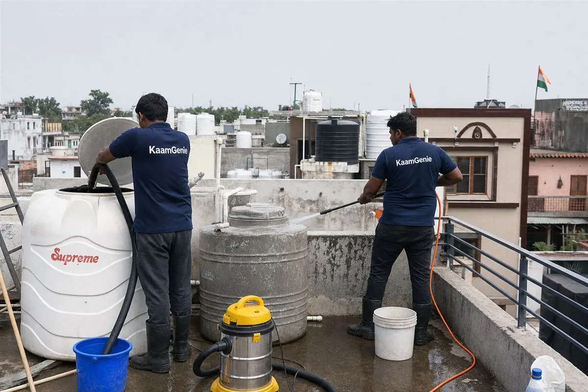 KaamGenie crew cleaning a water tank in New Colony, Faridabad