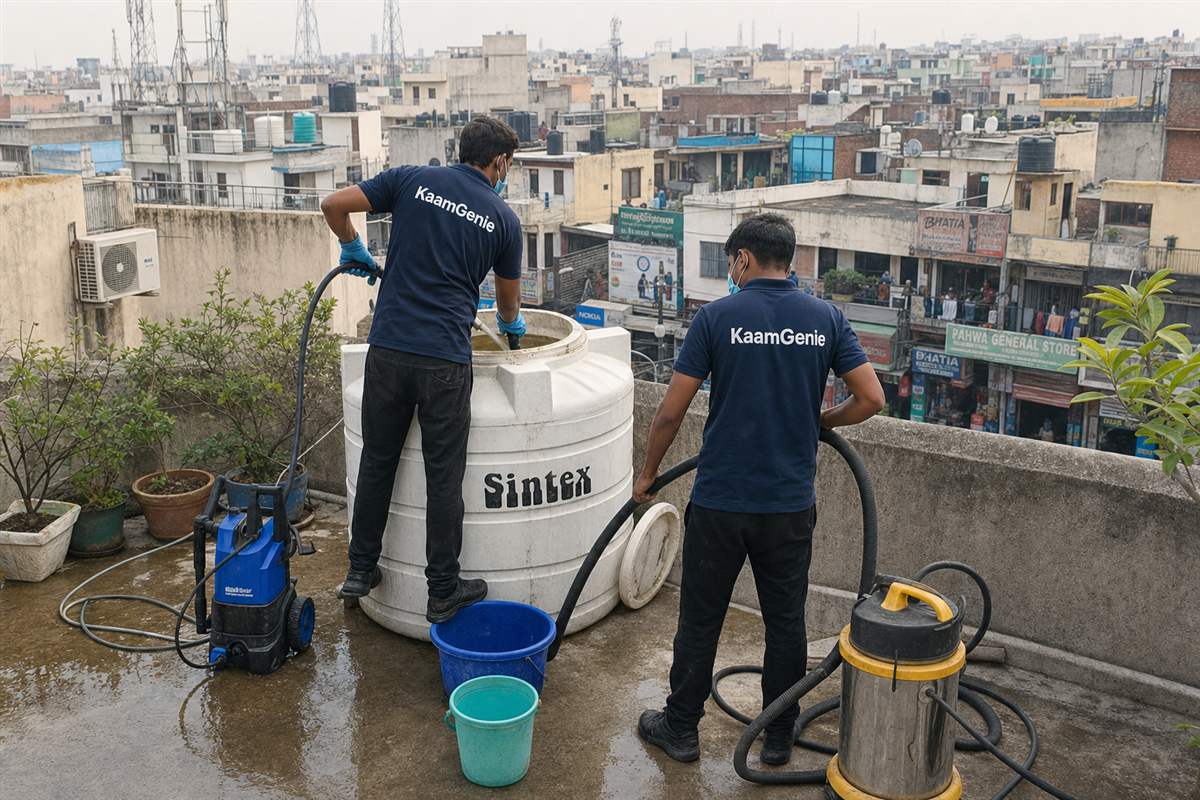 KaamGenie crew cleaning a water tank in NIT 2, Faridabad