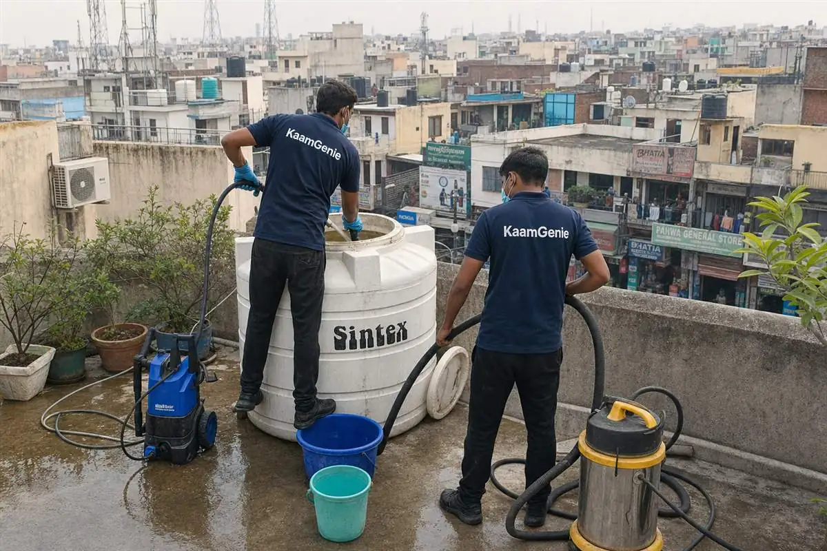 KaamGenie crew cleaning a water tank in NIT 2, Faridabad