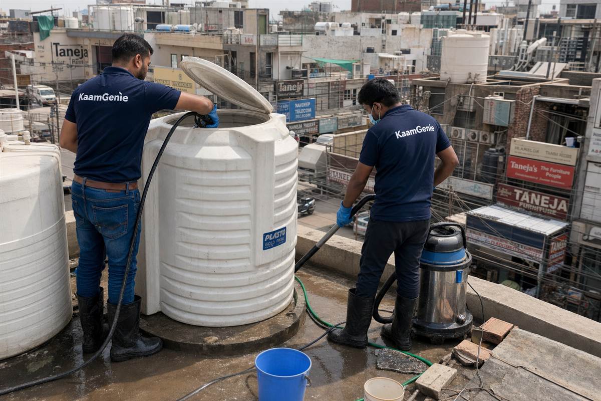 KaamGenie crew cleaning a water tank in NIT 3, Faridabad