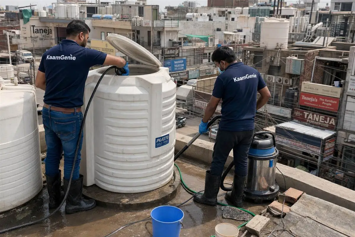 KaamGenie crew cleaning a water tank in NIT 3, Faridabad