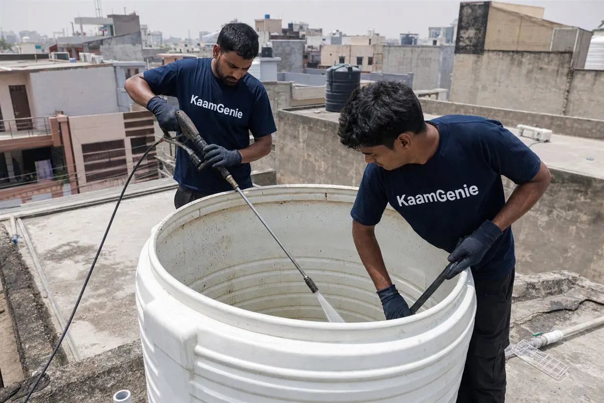 KaamGenie crew cleaning a water tank in Old Faridabad, Faridabad