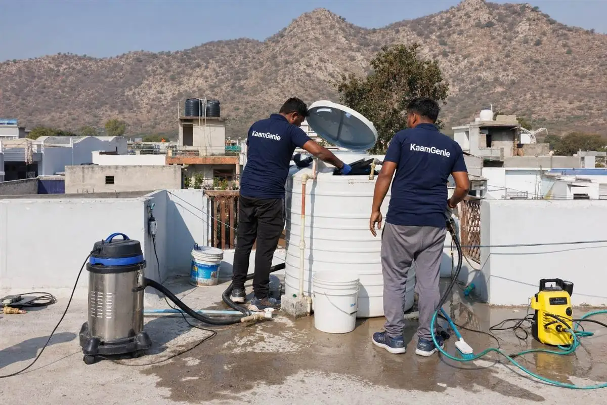 KaamGenie crew cleaning a water tank in Pali, Faridabad
