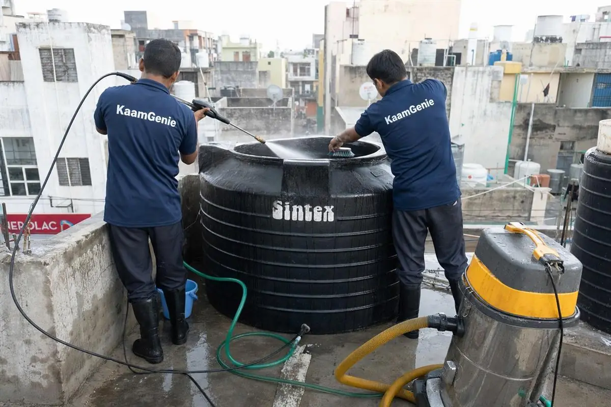 KaamGenie crew cleaning a water tank in Sanjay Colony, Faridabad