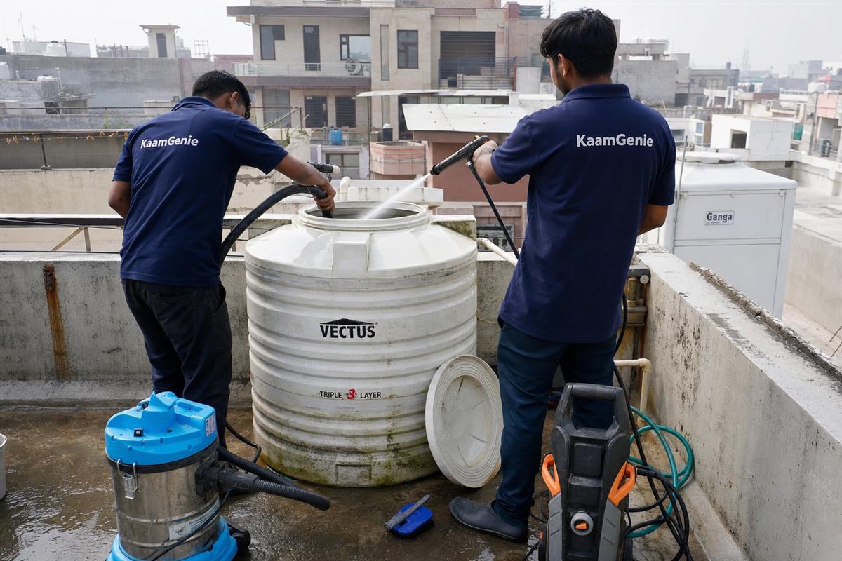 KaamGenie crew cleaning a water tank in Sector 12, Faridabad