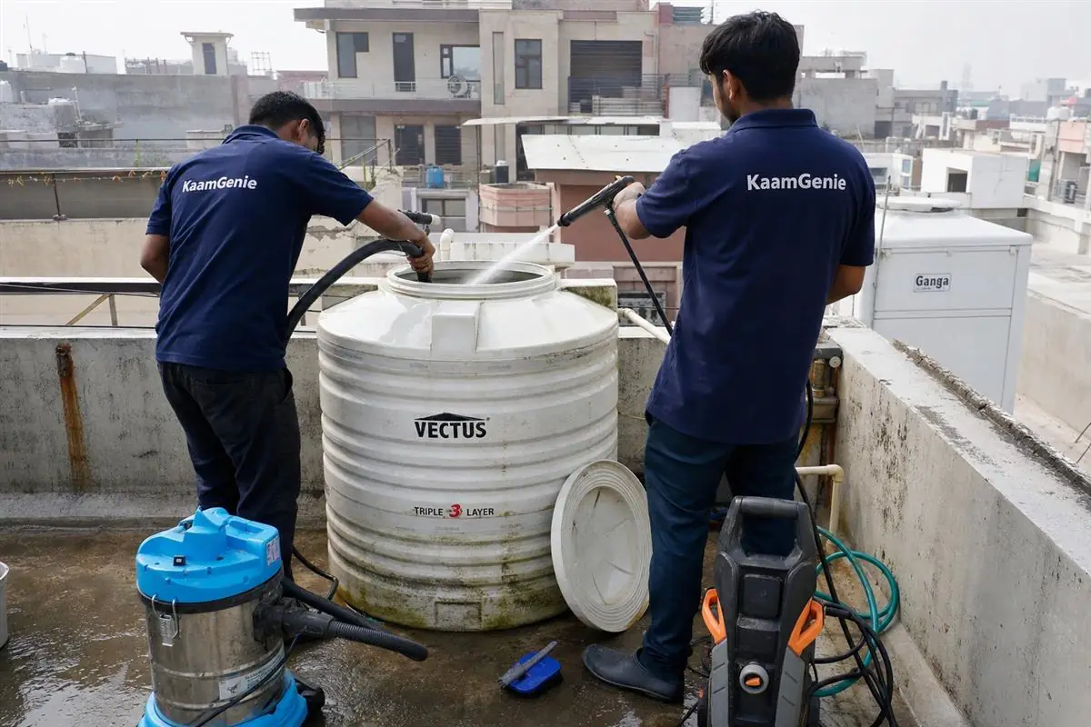KaamGenie crew cleaning a water tank in Sector 12, Faridabad