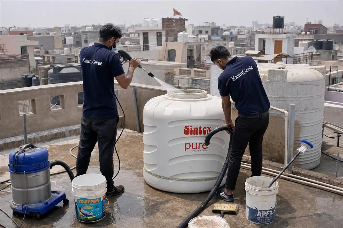 KaamGenie crew cleaning a water tank in Sector 14, Faridabad