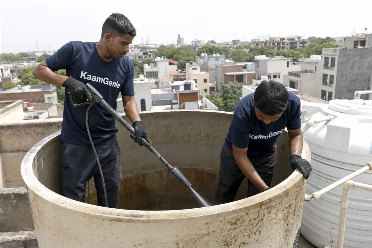 KaamGenie crew cleaning a water tank in Sector 15, Faridabad