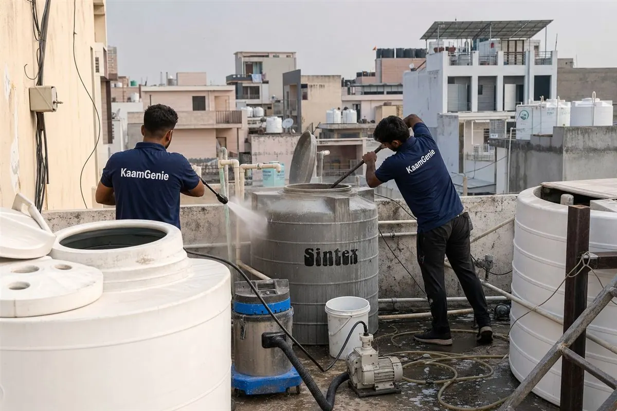 KaamGenie crew cleaning a water tank in Sector 17, Faridabad