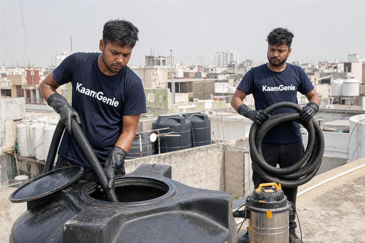 KaamGenie crew cleaning a water tank in Sector 21, Faridabad