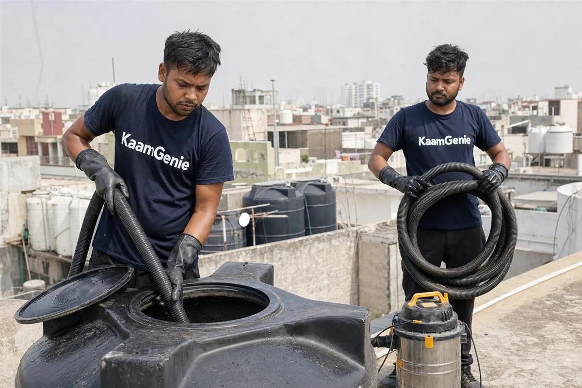 KaamGenie crew cleaning a water tank in Sector 21, Faridabad