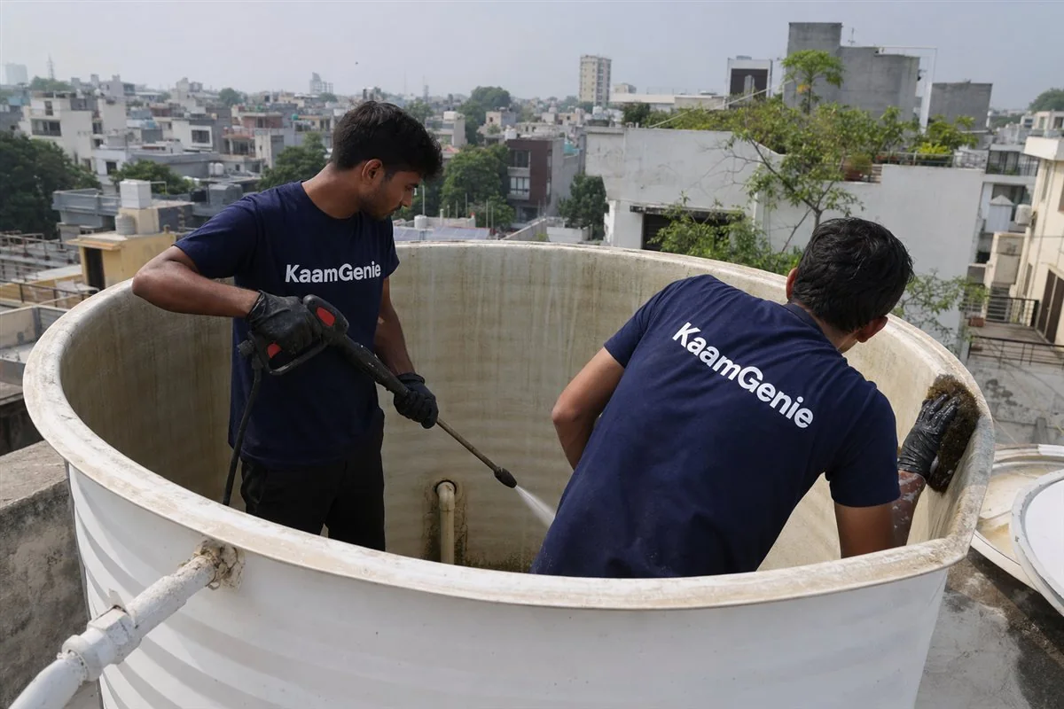 KaamGenie crew cleaning a water tank in Sector 28, Faridabad