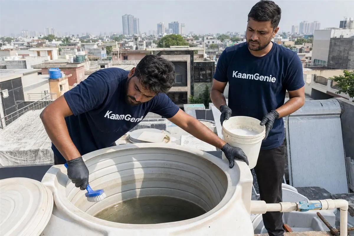 KaamGenie crew cleaning a water tank in Sector 31, Faridabad