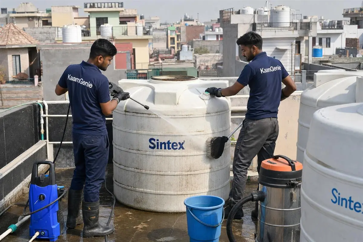 KaamGenie crew cleaning a water tank in Sector 37, Faridabad