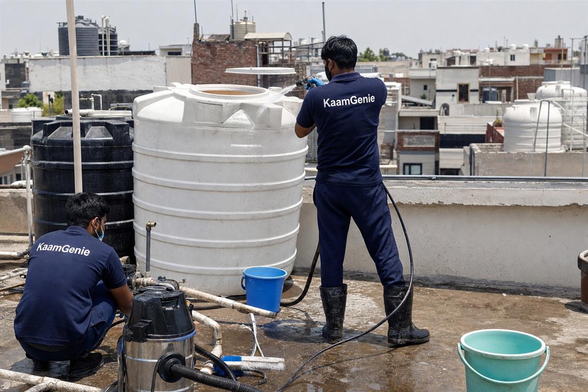 KaamGenie crew cleaning a water tank in Sector 7, Faridabad