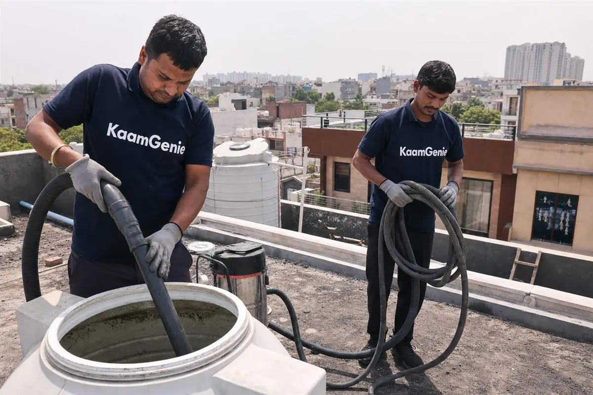 KaamGenie crew cleaning a water tank in Sector 75, Faridabad