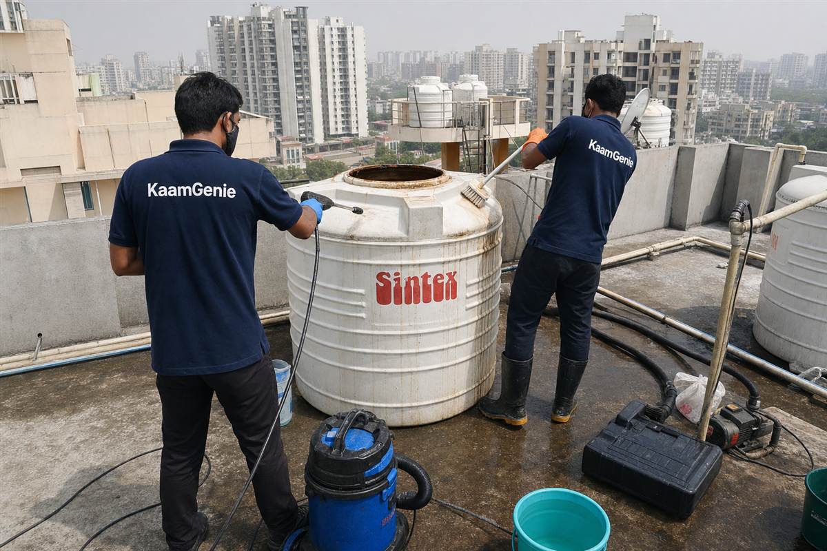KaamGenie crew cleaning a water tank in Sector 77, Faridabad