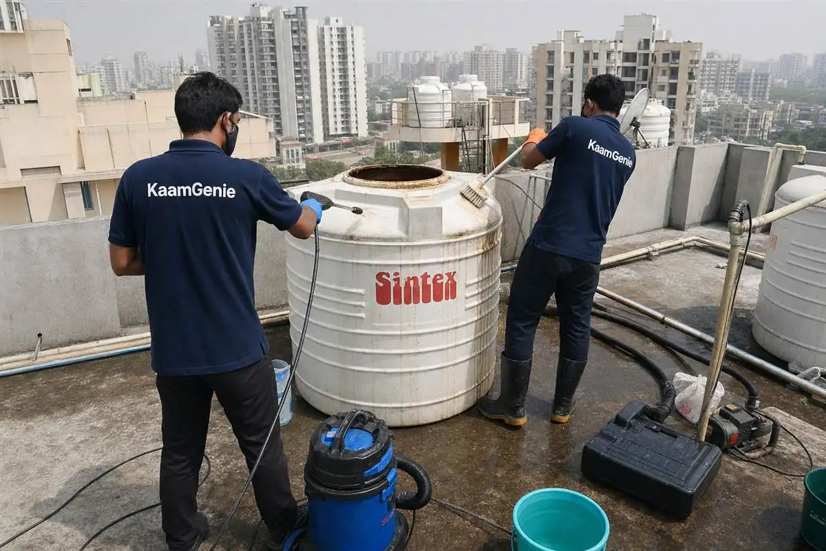 KaamGenie crew cleaning a water tank in Sector 77, Faridabad