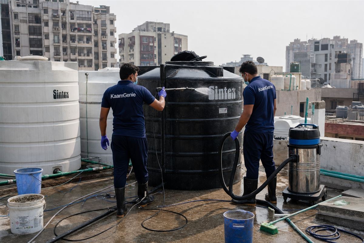 KaamGenie crew cleaning a water tank in Sector 80, Faridabad