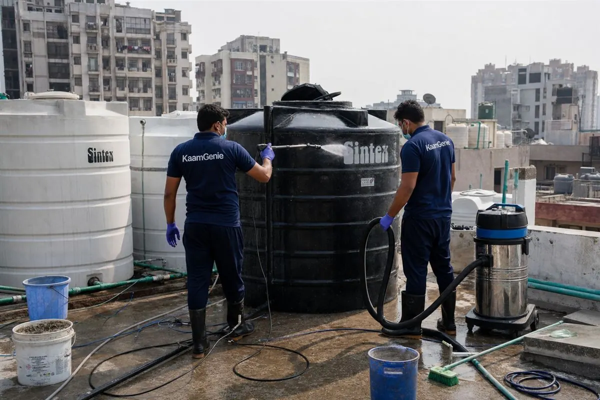 KaamGenie crew cleaning a water tank in Sector 80, Faridabad