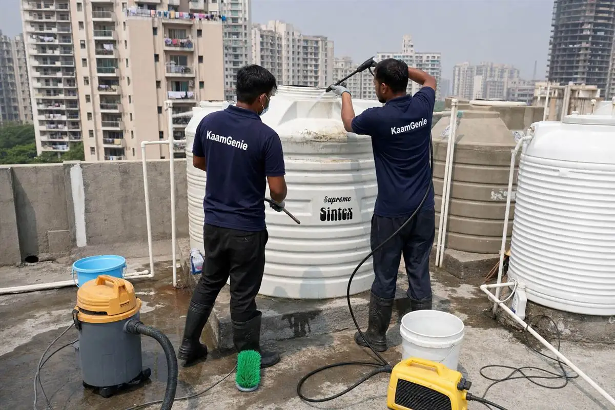 KaamGenie crew cleaning a water tank in Sector 81, Faridabad