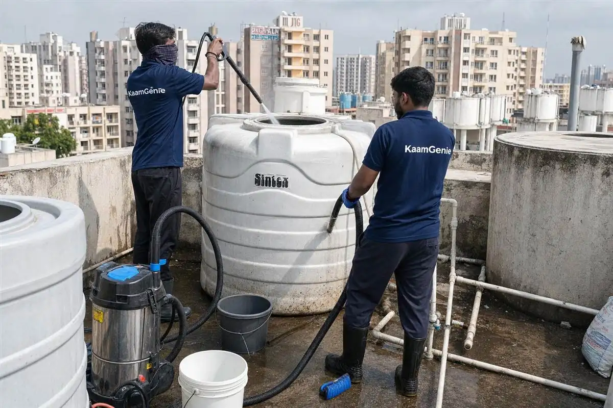 KaamGenie crew cleaning a water tank in Sector 82, Faridabad
