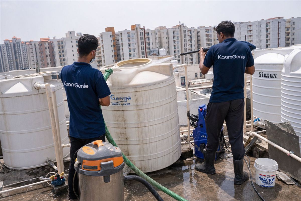 KaamGenie crew cleaning a water tank in Sector 85, Faridabad