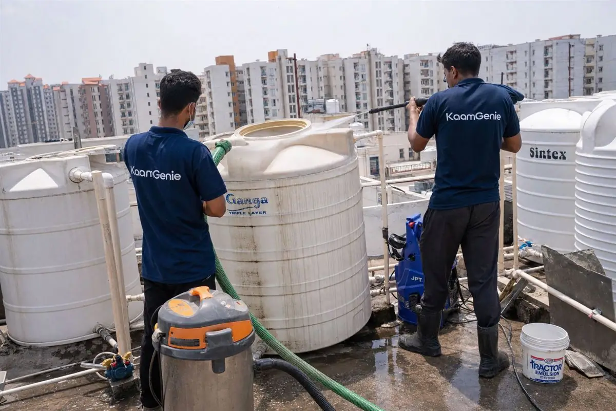 KaamGenie crew cleaning a water tank in Sector 85, Faridabad